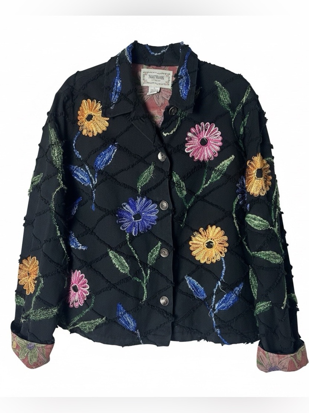 VTG Tantrums Black Floral Embroidered Candlewick Chenille Jacket Y2K Sz. L